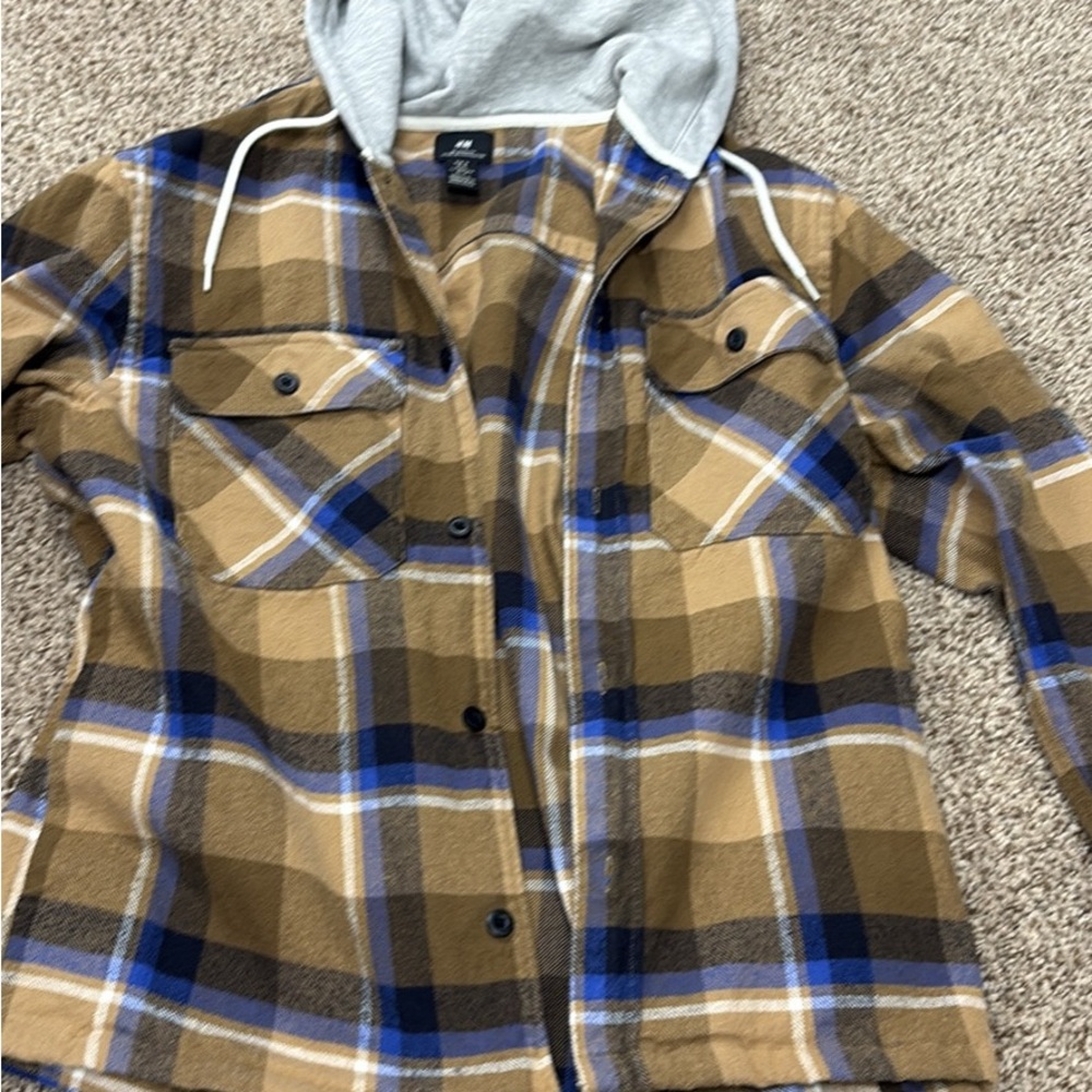 H&M Brown and Blue Plaid Hooded Flannel Jacket